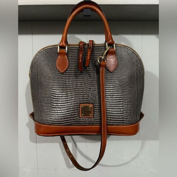 Dooney & Bourke Lizard Embossed Satchel Gray Brown Bag w/ Strap 12”x9” Like New - Picture 17 of 17